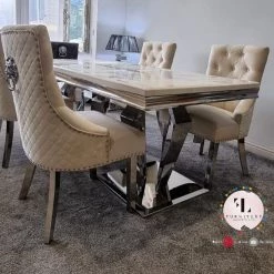 Furniture Imports LTD Phoenix Cream Marble Dining Table Set + Majestic Cream Velvet Dining Chairs ALL DINING TABLE SET