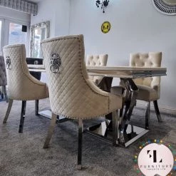 Furniture Imports LTD Phoenix Cream Marble Dining Table Set + Majestic Cream Velvet Dining Chairs ALL DINING TABLE SET