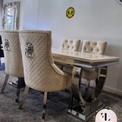 Furniture Imports LTD ALL DINING TABLE SET Arianna Mirrored Cream Marble Effect Dining Table Set + Majestic Cream Dining Chairs