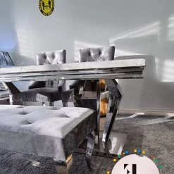 Furniture Imports LTD Phoenix Grey Marble Dining Table Set + Parklane Pewter Velvet Dining Chairs ALL DINING TABLE SET