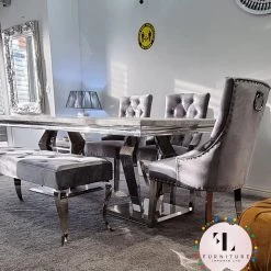 Furniture Imports LTD Phoenix Grey Marble Dining Table Set + Parklane Pewter Velvet Dining Chairs ALL DINING TABLE SET