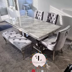 Furniture Imports LTD Phoenix Grey Marble Dining Table Set + Parklane Pewter Velvet Dining Chairs ALL DINING TABLE SET