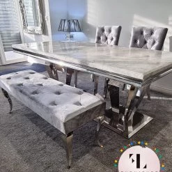 Furniture Imports LTD Phoenix Grey Marble Dining Table Set + Parklane Pewter Velvet Dining Chairs ALL DINING TABLE SET