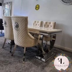 Furniture Imports LTD ALL DINING TABLE SET Arianna Mirrored Cream Marble Effect Dining Table Set + Majestic Cream Dining Chairs