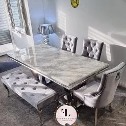 Furniture Imports LTD Phoenix Grey Marble Dining Table Set + Parklane Pewter Velvet Dining Chairs ALL DINING TABLE SET