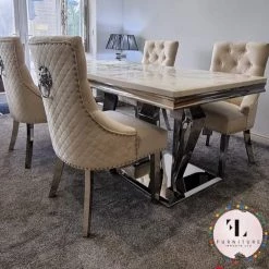 Furniture Imports LTD Phoenix Cream Marble Dining Table Set + Majestic Cream Velvet Dining Chairs ALL DINING TABLE SET
