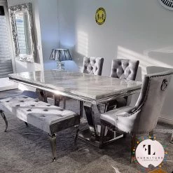 Furniture Imports LTD Phoenix Grey Marble Dining Table Set + Parklane Pewter Velvet Dining Chairs ALL DINING TABLE SET