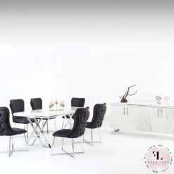 Furniture Imports LTD Luna Dining Table Set In White With Black Or Grey Chairs Chrome Legs
