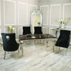 Furniture Imports LTD Imperial Grey Dining Table + Majestic Lion Knocker Back Plush Velvet Dining Chairs