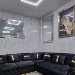 TURKISH NEW ARRIVALS - STOCK Ambassador Corner Sofa Range In Black & Gold Plush Velvet - 270cm X 270cm