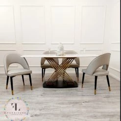 Furnish 365 ALL DINING TABLE SET Orion Gold 1.8 Polar White Sintered Stone Top + Astra Leather Dining Chair