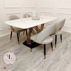Furnish 365 ALL DINING TABLE SET Orion Gold 1.8 Polar White Sintered Stone Top + Astra Leather Dining Chair