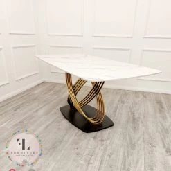 Furnish 365 ALL DINING TABLE SET Orion Gold 1.8 Polar White Sintered Stone Top + Astra Leather Dining Chair