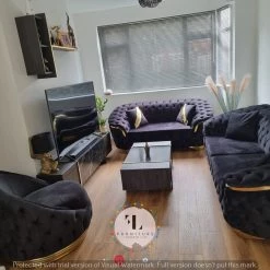 TURKISH SALE ITEMS BVLGARI 3+2 SEATER BLACK VELVET + GOLD DETAILING