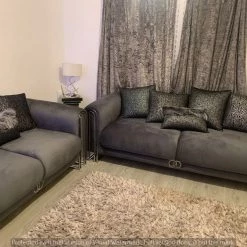 TURKISH Elmira 3+3 Seater In Grey & Chrome Plush Velvet