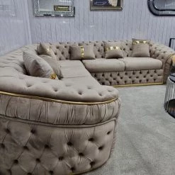 TURKISH Ambassador Corner Sofa Range In Beige & Gold Plush Velvet - 270cm X 270cm NEW ARRIVALS - STOCK