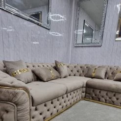 TURKISH Ambassador Corner Sofa Range In Beige & Gold Plush Velvet - 270cm X 270cm NEW ARRIVALS - STOCK