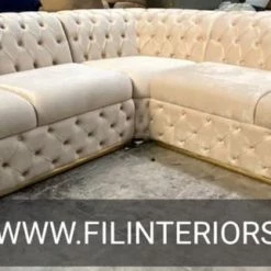 TURKISH Ambassador Corner Sofa Range In Dark Cream V-02 & Gold Plush Velvet - 270cm X 270cm
