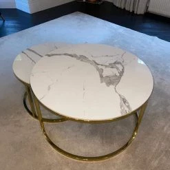 Furnish Cato Nest Of Coffee Table White Marble & Gold Frame