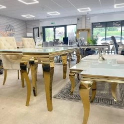 Furnish Louis Dining Table Frame Gold + Majestic Gold Dining Chair With Lion Knocker & Quilted Back ALL DINING TABLE SET