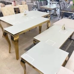 Furnish Louis Dining Table Frame Gold + Majestic Gold Dining Chair With Lion Knocker & Quilted Back ALL DINING TABLE SET