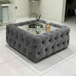 TURKISH DUBAI SOFA COLLECTION SQUARE CHESTERFIELD UPHOLSTERED FOOTSTOOL/COFFEE TABLE WITH GLASS