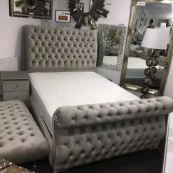 Furniture Imports LTD Swan Sleigh Chesterfield Plush Velvet Bed Frame Double King Size All Sizes. BED COLLECTION