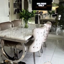 Furniture Imports LTD ALL DINING TABLE SET Arianna Dining Table Ivory Glass + Valentino Champagne Pewter Dining Chairs