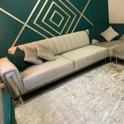 TURKISH Genova 320cm X 260cm Corner In BEIGE & Gold Plush Velvet