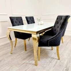 Furnish Louis Dining Table Frame Gold + Majestic Gold Dining Chair With Lion Knocker & Quilted Back ALL DINING TABLE SET