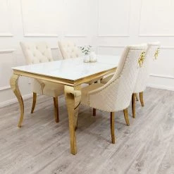 Furnish Louis Dining Table Frame Gold + Majestic Gold Dining Chair With Lion Knocker & Quilted Back ALL DINING TABLE SET