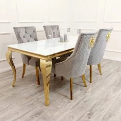 Furnish Louis Dining Table Frame Gold + Majestic Gold Dining Chair With Lion Knocker & Quilted Back ALL DINING TABLE SET