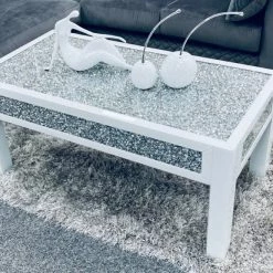 ASR INTERIOR MIRRORED FURNITURE Crushed Diamond Mirrored Coffee Table White