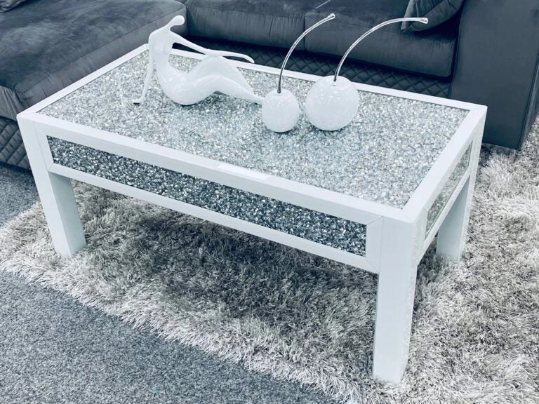 ASR INTERIOR MIRRORED FURNITURE Crushed Diamond Mirrored Coffee Table White 3 ASR INTERIOR MIRRORED FURNITURE Crushed Diamond Mirrored Coffee Table White