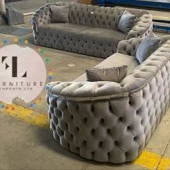 TURKISH BVLGARI 3+2 SEATER SILVER VELVET + CHROME DETAILING