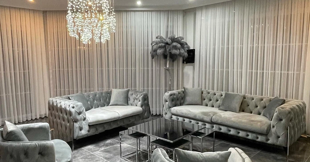 Furniture Imports LTD SALE ITEMS Hermes 3+2 Silver Velvet + Chrome Legs