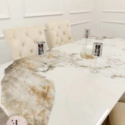 Furnish ALL DINING TABLE SET Lucien 1.8m Pandora Gold Sintered Stone Top & Astra Leather Chairs