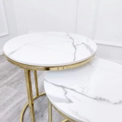 Furnish Cato Nest Of Coffee Table White Marble & Gold Frame
