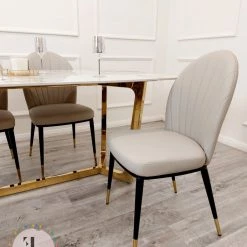 Furnish ALL DINING TABLE SET Lucien 1.8m Pandora Gold Sintered Stone Top & Sienna Leather Chairs