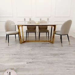 Furnish ALL DINING TABLE SET Lucien 1.8m Pandora Gold Sintered Stone Top & Sienna Leather Chairs