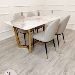 Furnish ALL DINING TABLE SET Lucien 1.8m Pandora Gold Sintered Stone Top & Sienna Leather Chairs