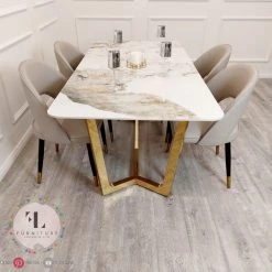 Furnish ALL DINING TABLE SET Lucien 1.8m Pandora Gold Sintered Stone Top & Astra Leather Chairs
