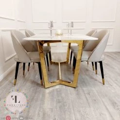 Furnish ALL DINING TABLE SET Lucien 1.8m Pandora Gold Sintered Stone Top & Astra Leather Chairs