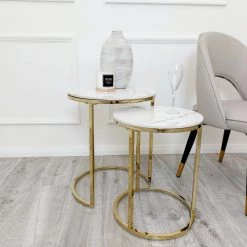 Furnish Cato Nest Of Tables White Marble & Gold Frame