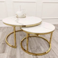 Furnish Cato Nest Of Coffee Table White Marble & Gold Frame