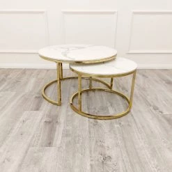 Furnish Cato Nest Of Coffee Table White Marble & Gold Frame